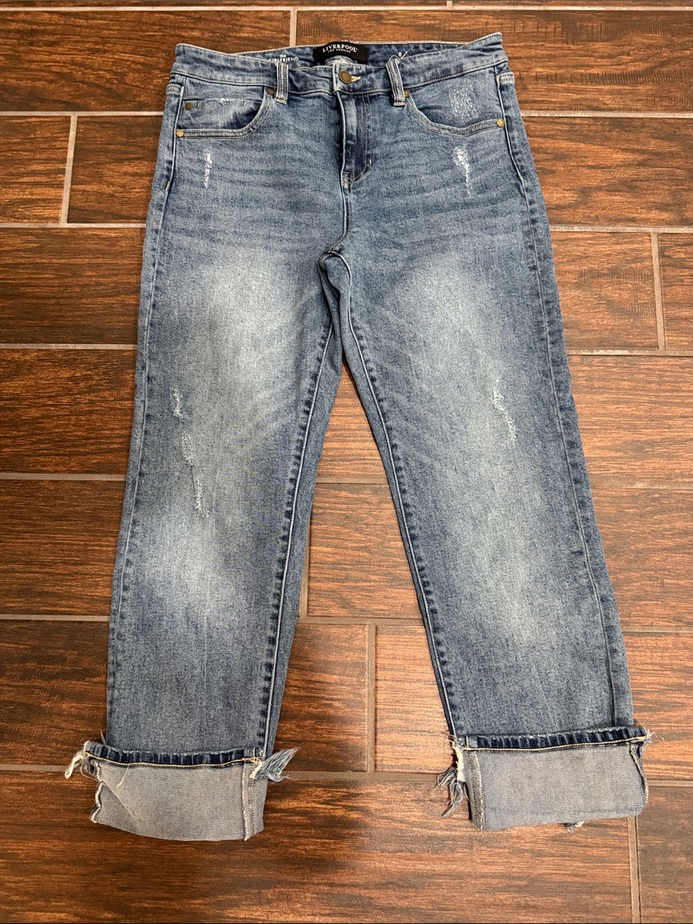 Liverpool Women's Light Blue Distressed Boyfriend Jeans with Rolled Cuffs